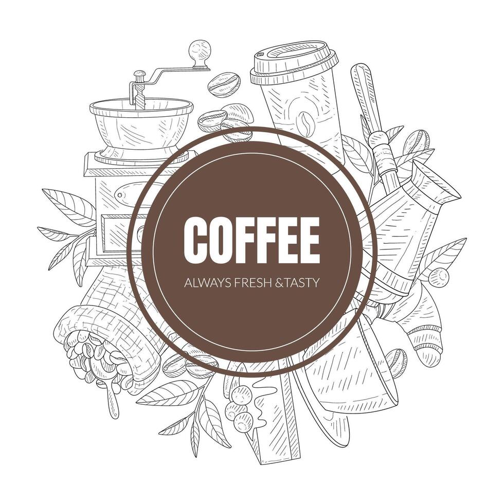 Fresh and Tasty Coffee Symbols Arranged Behind the Graphic Circle vector