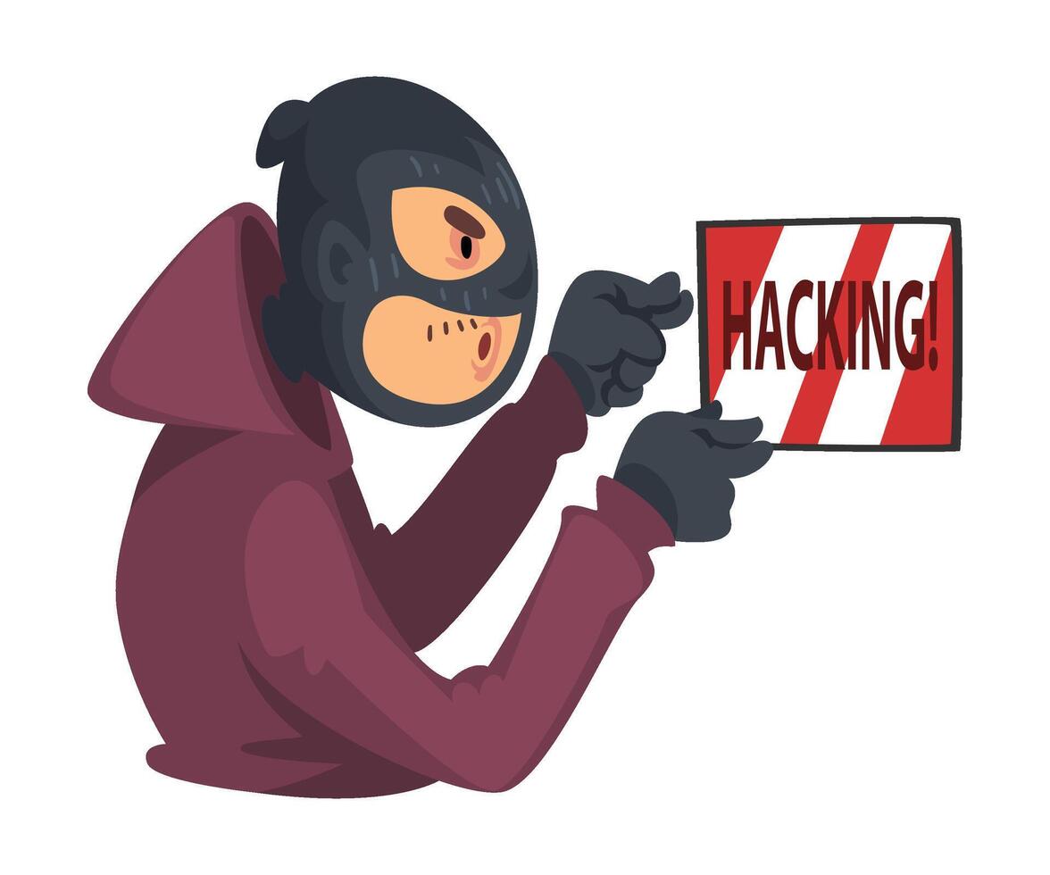 Data Theft. Hacker Wearing Mask Breaking into Electronic Device Illustration vector