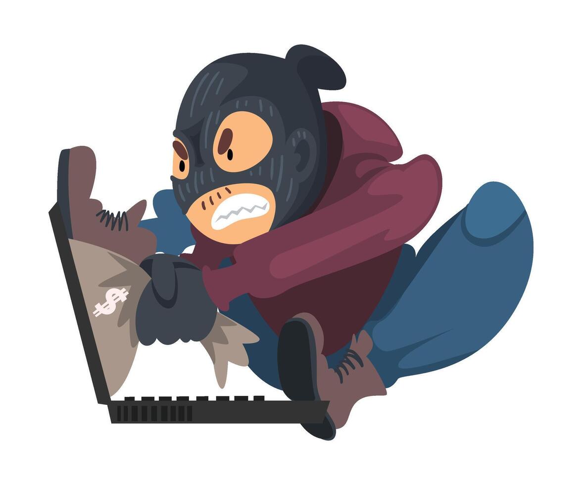 Hacker Wearing Gloves and Mask Breaking into Laptop Illustration vector