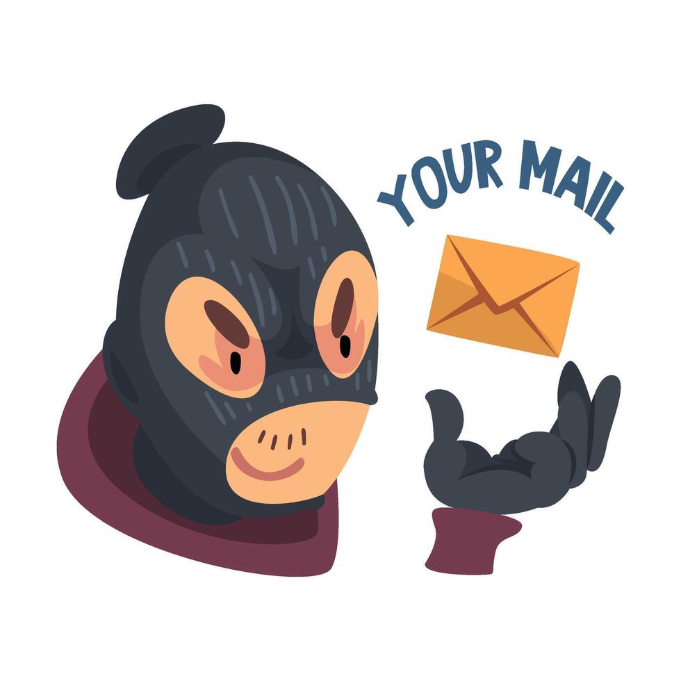 Man Hacker Wearing Mask and Gloves Trying to Hack Mail Illustration vector