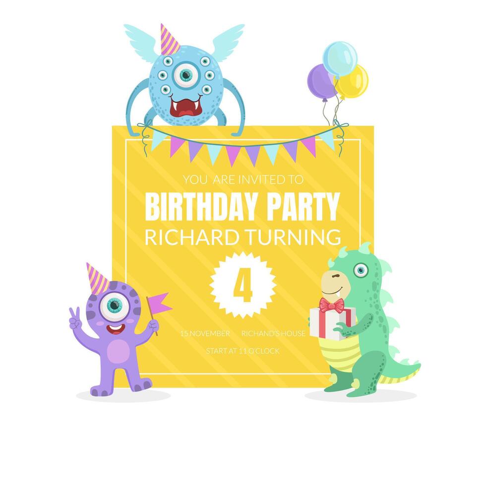 Cute monsters with a gift and a flag. illustration. vector