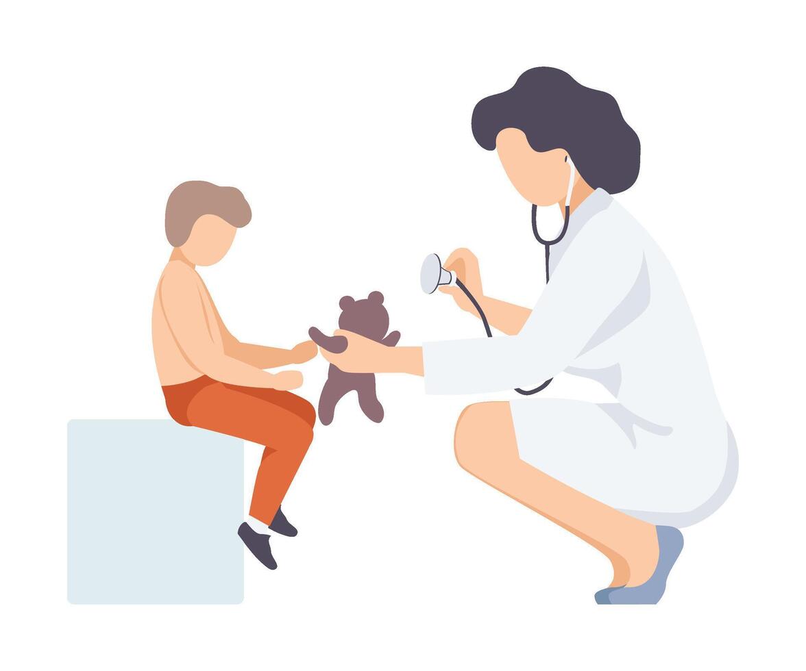 Female Doctor Listening Listening Teddy Bears Chest with Stethoscope, Pediatrician Consulting Little Patient Illustration vector