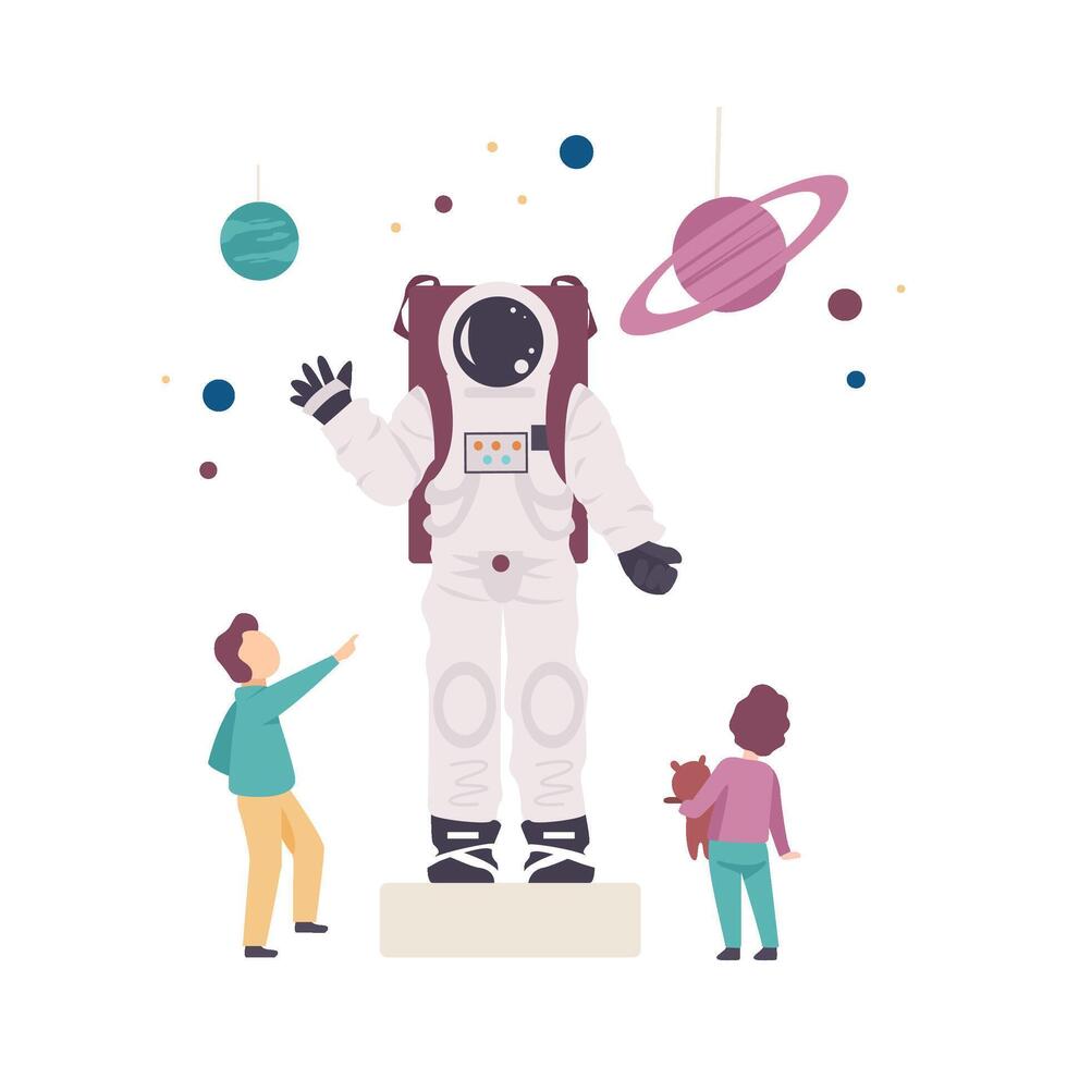 Little Kids Standing Near Costume of Astronaut and Exploring It Illustration vector