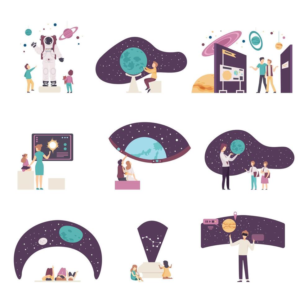 People Characters Visiting Planetarium Illustrations Set vector