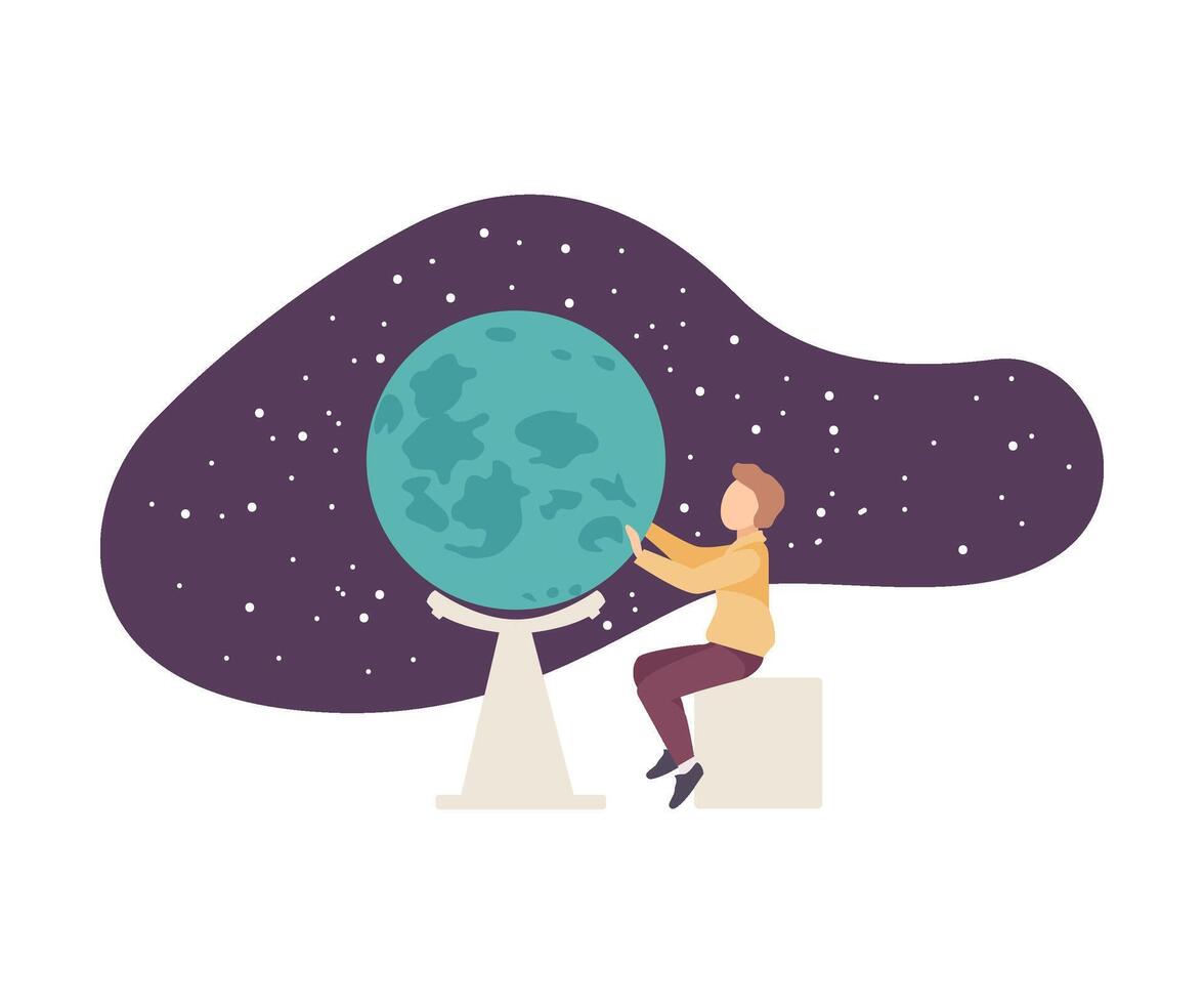 Teenager Sitting Beside Starry Sky Projection in Planetarium and Spinning Around Globe Illustration vector