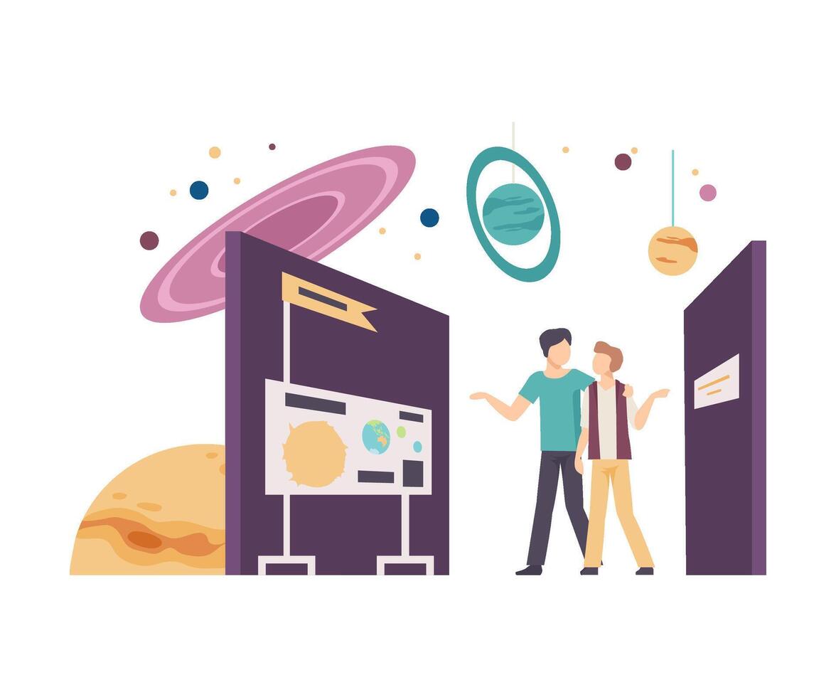 Young Guys Walking Along Stands in Planetarium and Learning Galaxy Illustration vector
