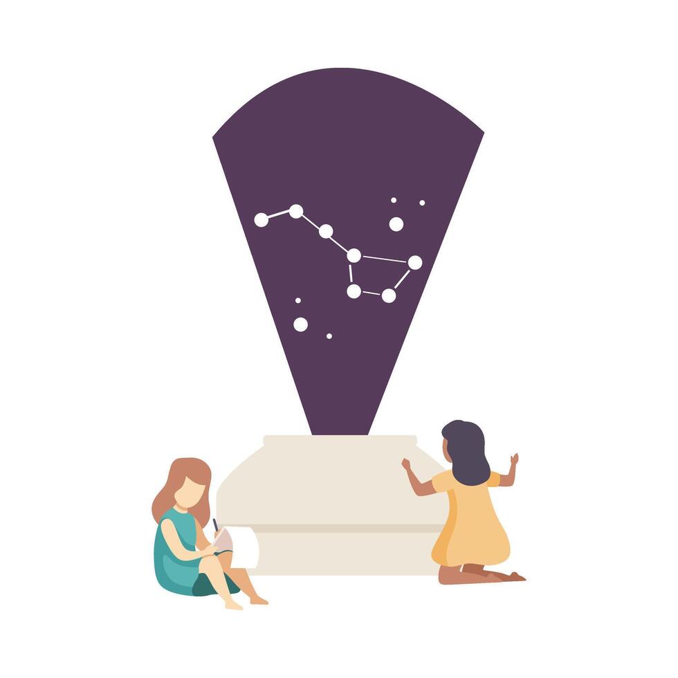 Two Girls Learning Constellation and Putting Down Notes Illustration vector