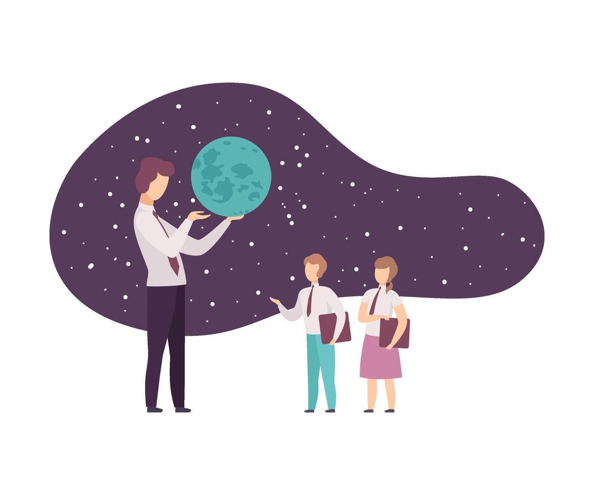 Pupils Attending Lecture in Planetarium Illustration. Man Showing the Globe vector