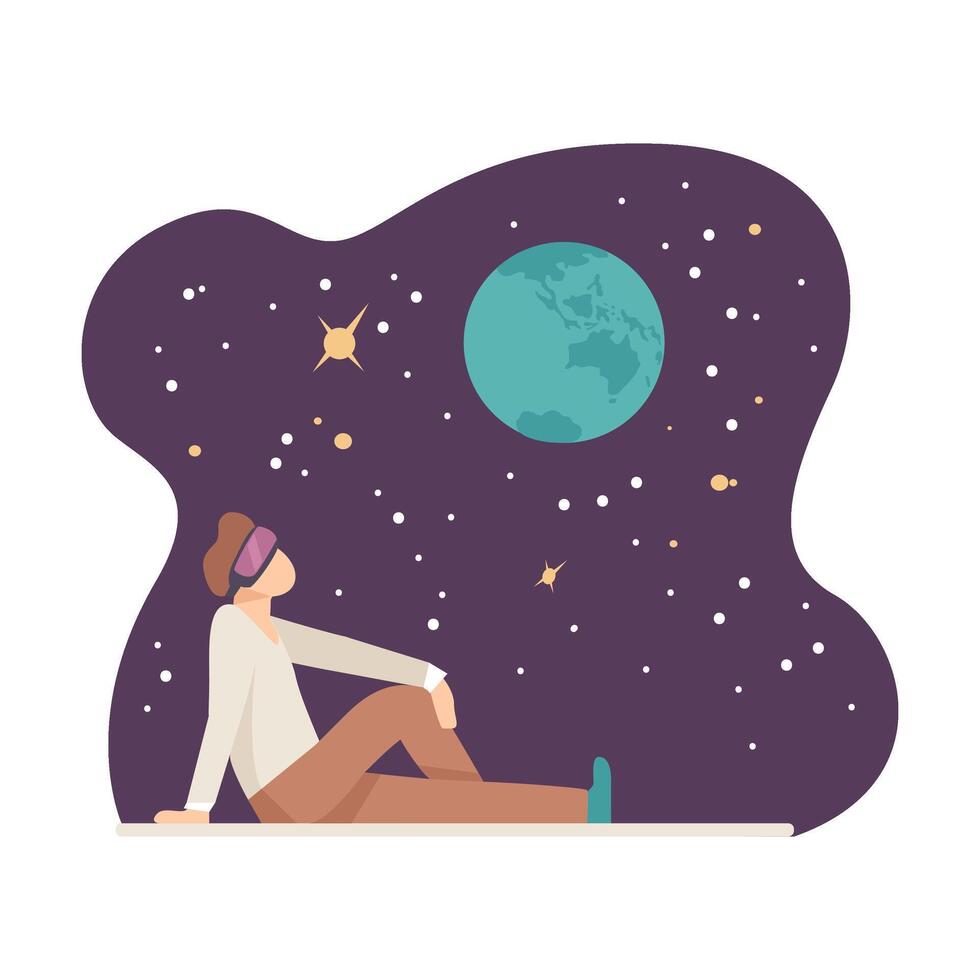 Young Man Sitting in Digital Glasses on Floor and Watching Starry Sky Projection Illustration vector