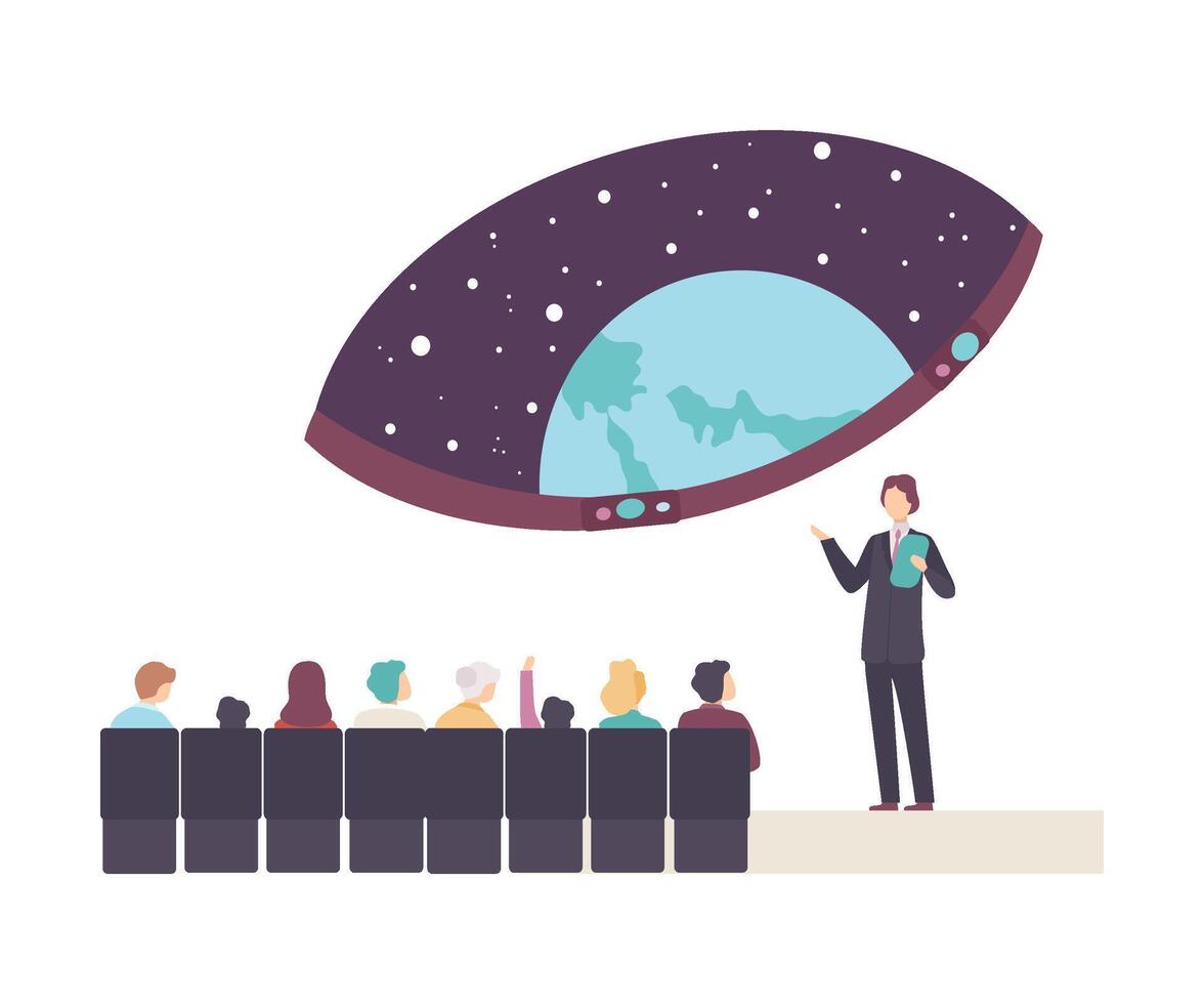 People Characters Attending a Lecture in Planetarium Illustration vector