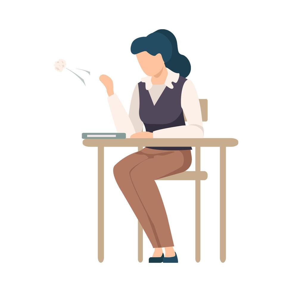 Naughty Girl Sitting At School Desk and Throwing Crumpled Sheet of Paper Illustration vector