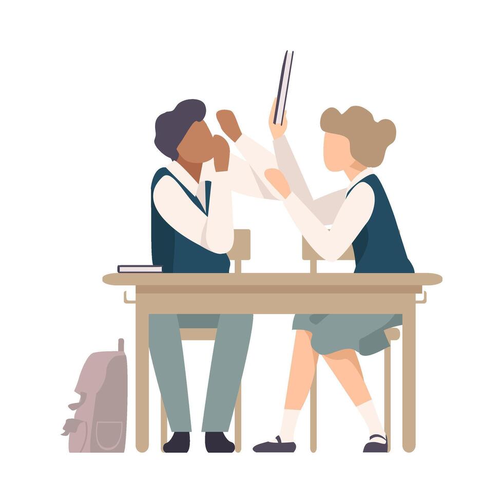 Pupils Sitting At School Desk and Fighting with School Book During Lesson Illustration vector