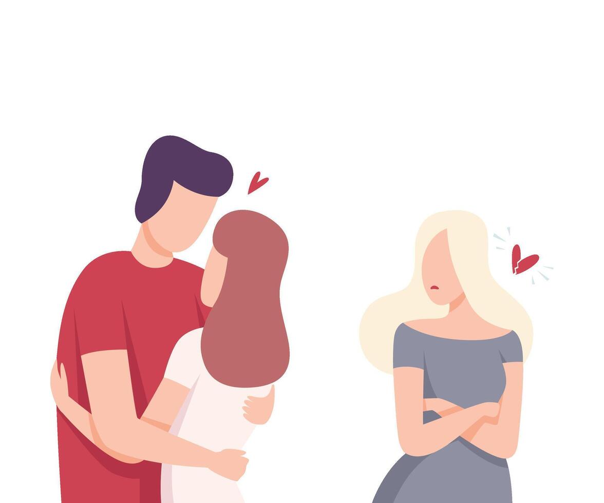 Girl Looking at Happy Romantic Couple, Male and Female Characters Experiencing Unrequited Feelings, One Sided or Rejected Love Flat Illustration vector