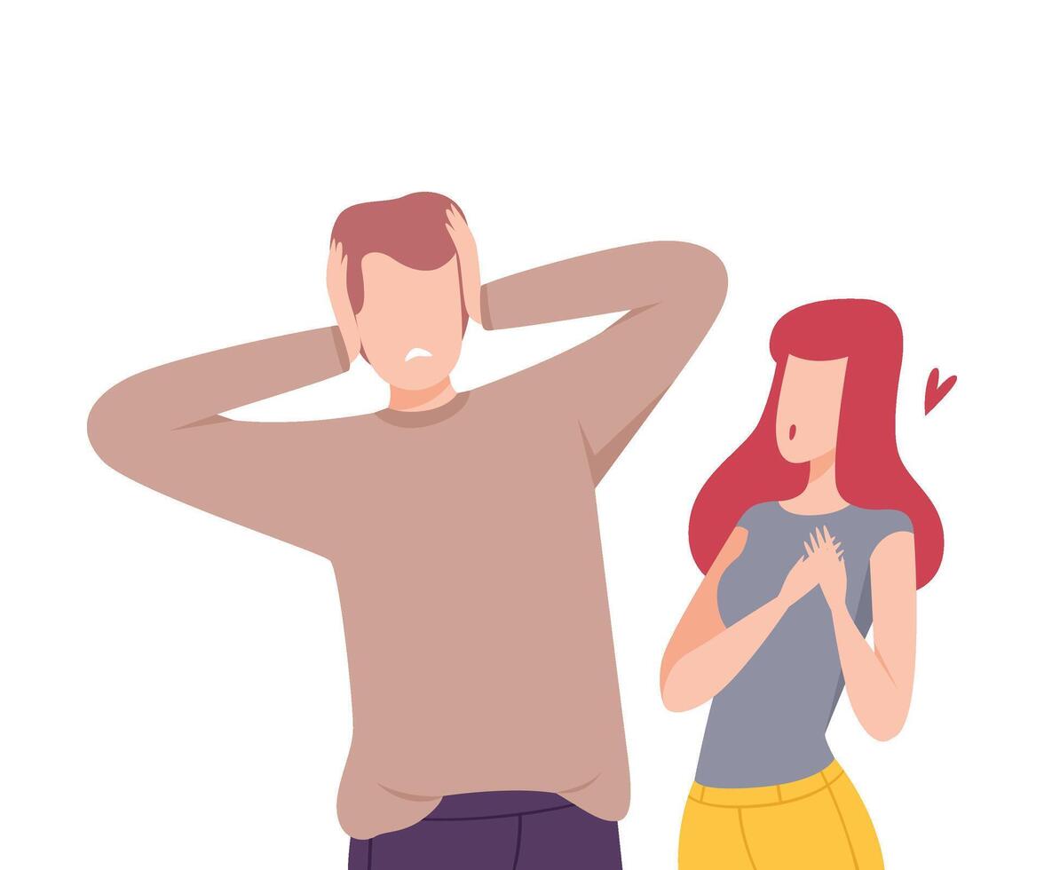 Annoying Woman Trying to Present her Heart to Man Refusing to Take It, Male and Female Characters Experiencing Unrequited Feelings, One Sided or Rejected Love Flat Illustration vector