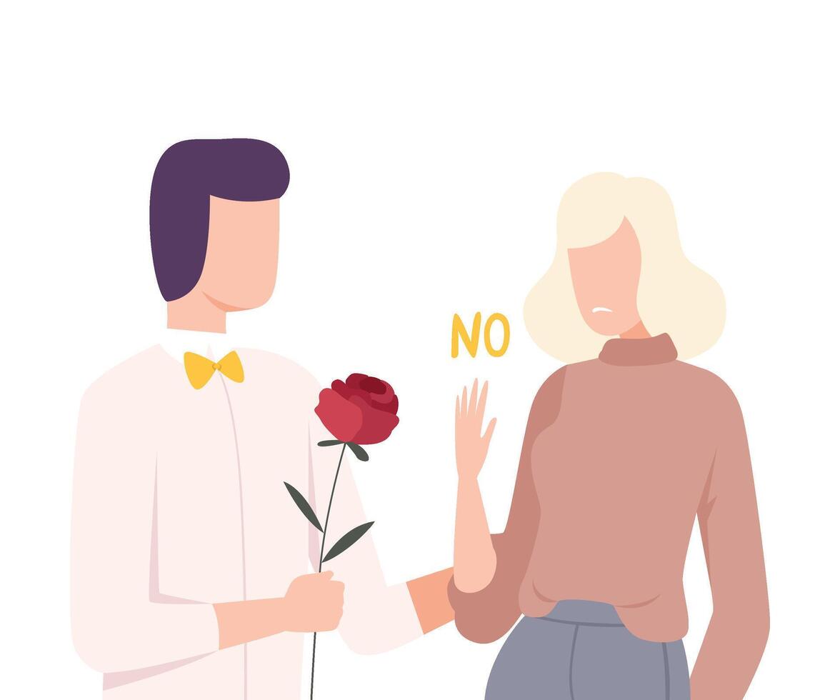 Young Woman Rejecting Feelings of Loving Man, Male and Female Characters Experiencing Unrequited Feelings, One Sided or Rejected Love Flat Illustration vector