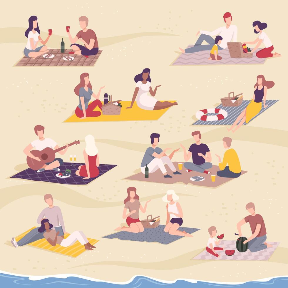 People Having Picnic in the Park Set, Friends Characters Relaxing, Eating and Communicating on Nature Flat Illustration vector