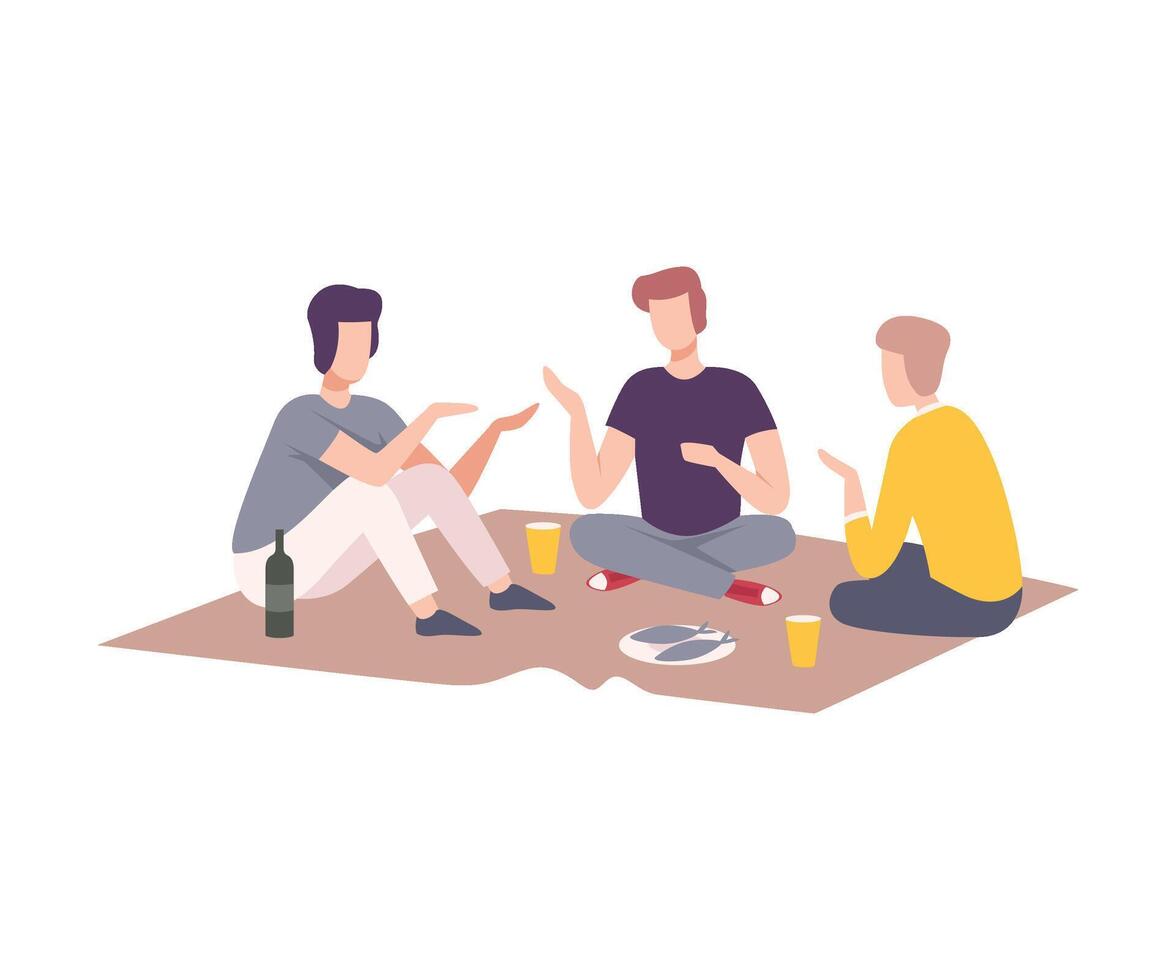 Male Friends Having Picnic in the Park, People Relaxing on Nature, Men Characters Eating and Talking Outdoors Flat Illustration vector