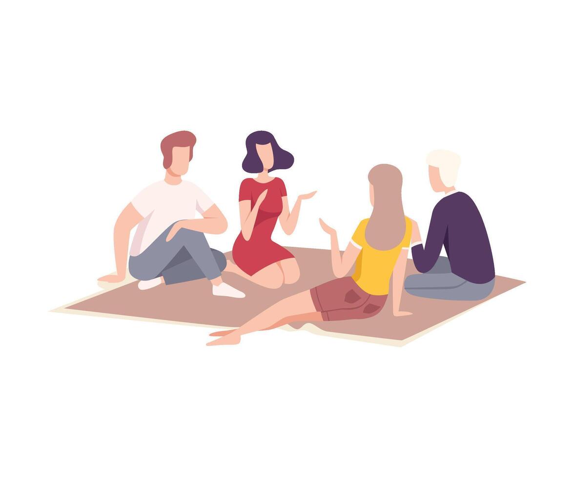 Friends Having Picnic in the Park, People Relaxing on Nature, Male and Female Characters Eating Meal Outdoors Flat Illustration vector