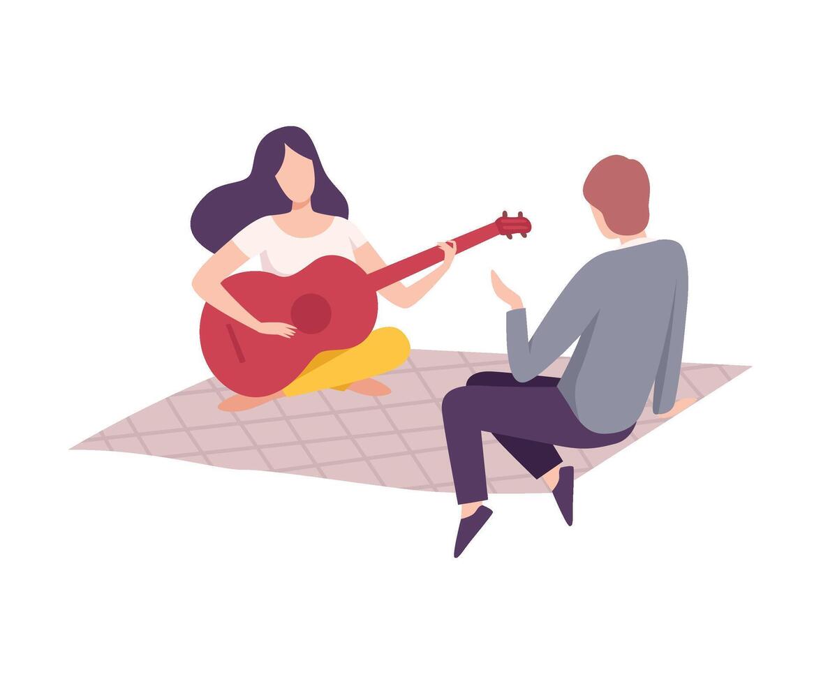 Couple Having Picnic in the Park, Man and Woman Characters Relaxing on Nature, Girl Playing Guitar Flat Illustration vector