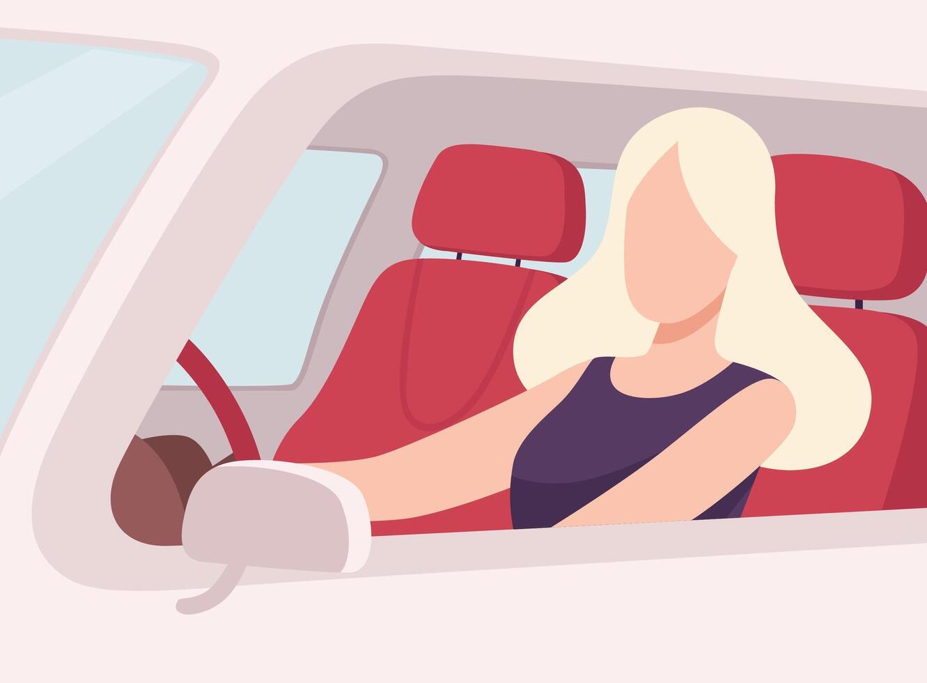Blonde Woman Driving a Car, View from the Inside, Female Driver Character Holding Hands on a Steering Wheel Illustration vector