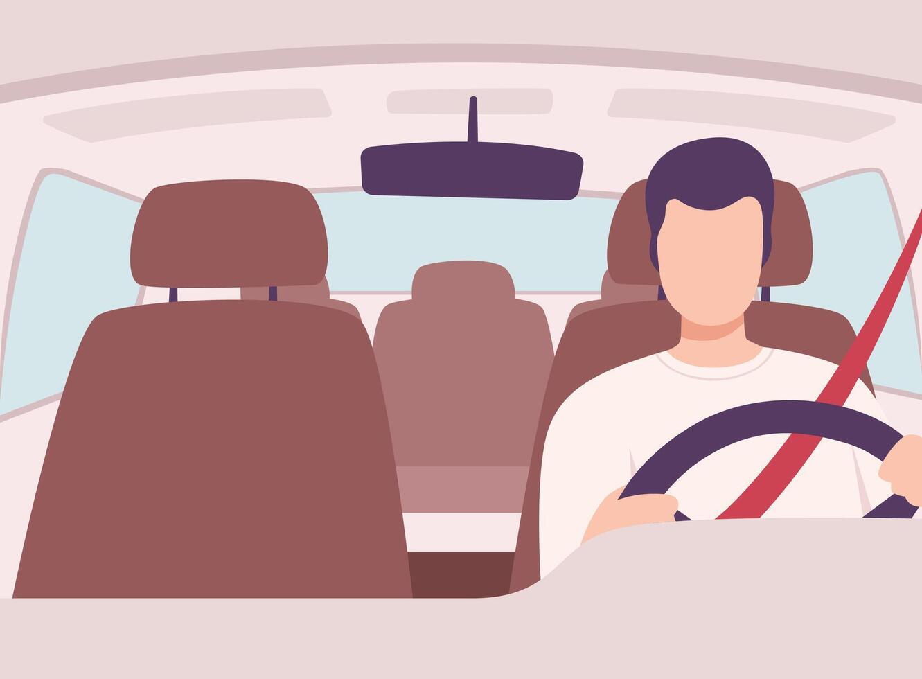 Man Driving a Car, Front View from the Inside, Male Driver Character Holding Hands on a Steering Wheel Illustration vector