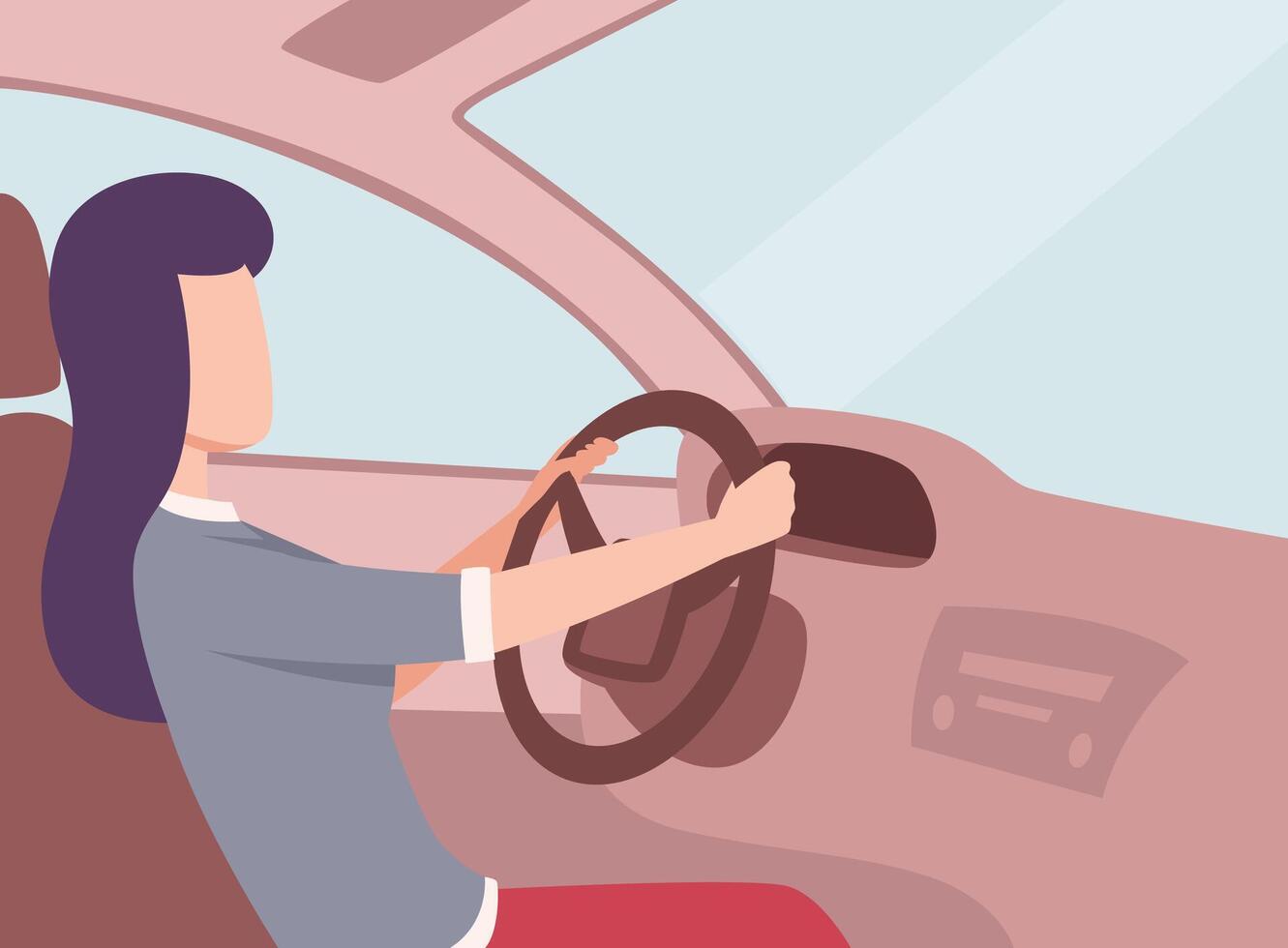 Brunette Woman Driving a Car, Side View from the Inside, Female Driver Character Holding Hands on a Steering Wheel Illustration vector