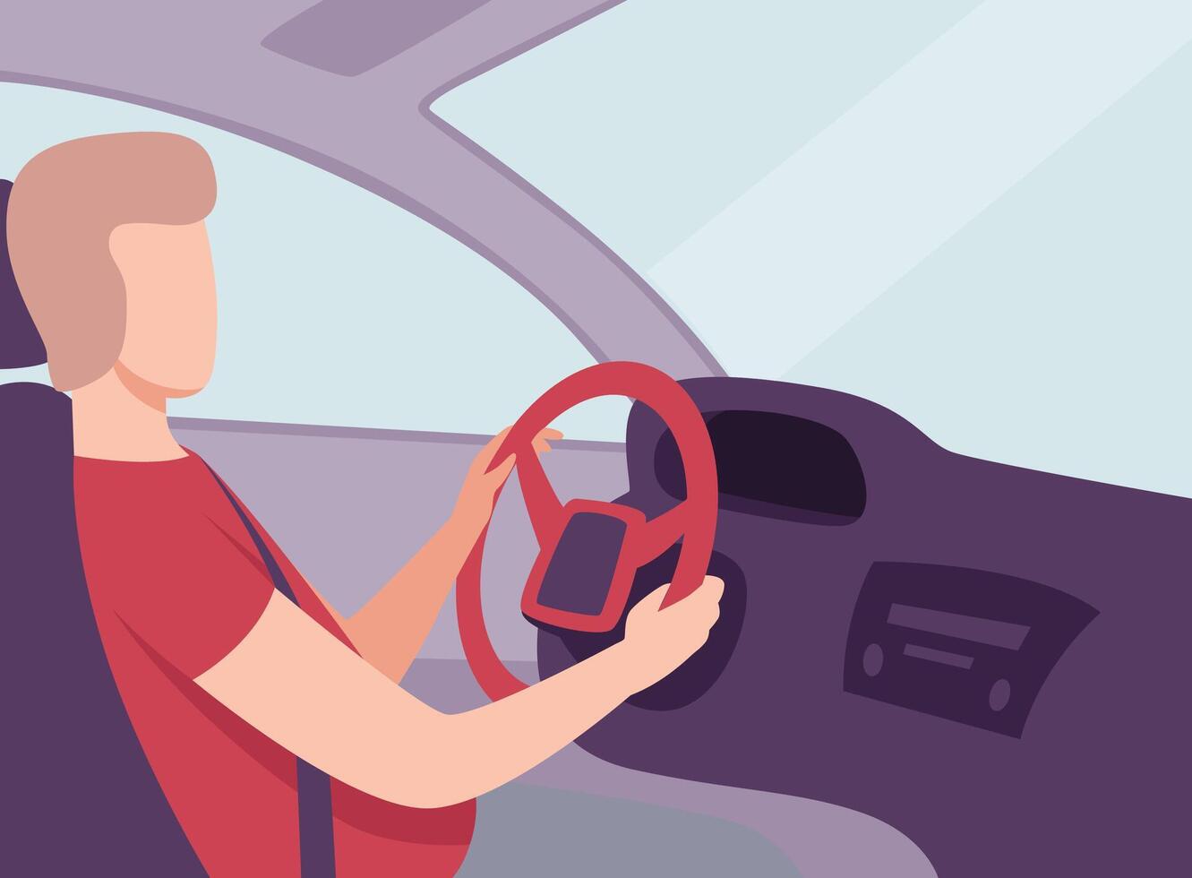Young Man Driving a Car, Side View, Male Driver Character Holding Hands on a Steering Wheel Illustration vector