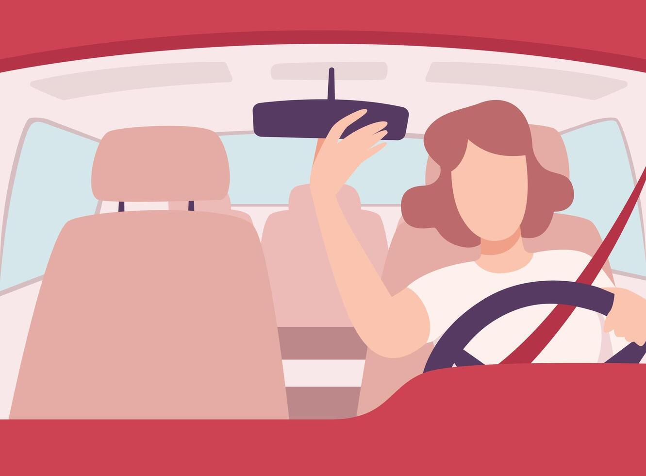 Woman Driving a Car, Front View from the Inside, Female Driver Character Holding Hands on a Steering Wheel Illustration vector