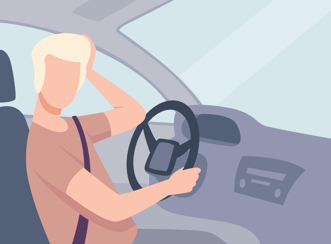 Young Man Driving a Car, View from the Inside, Male Driver Character Holding Hand on a Steering Wheel Illustration vector