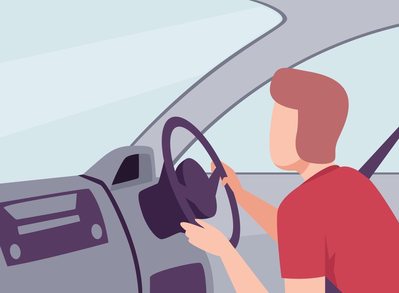 Man Driving a Car, View from the Inside, Male Driver Character Holding Hands on a Steering Wheel Illustration vector