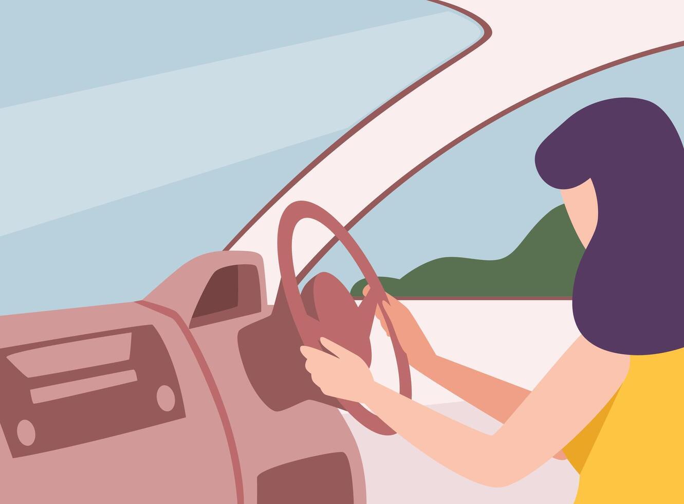 Brunette Woman Driving a Car, View from the Inside, Female Driver Character Holding Hands on a Steering Wheel Illustration vector