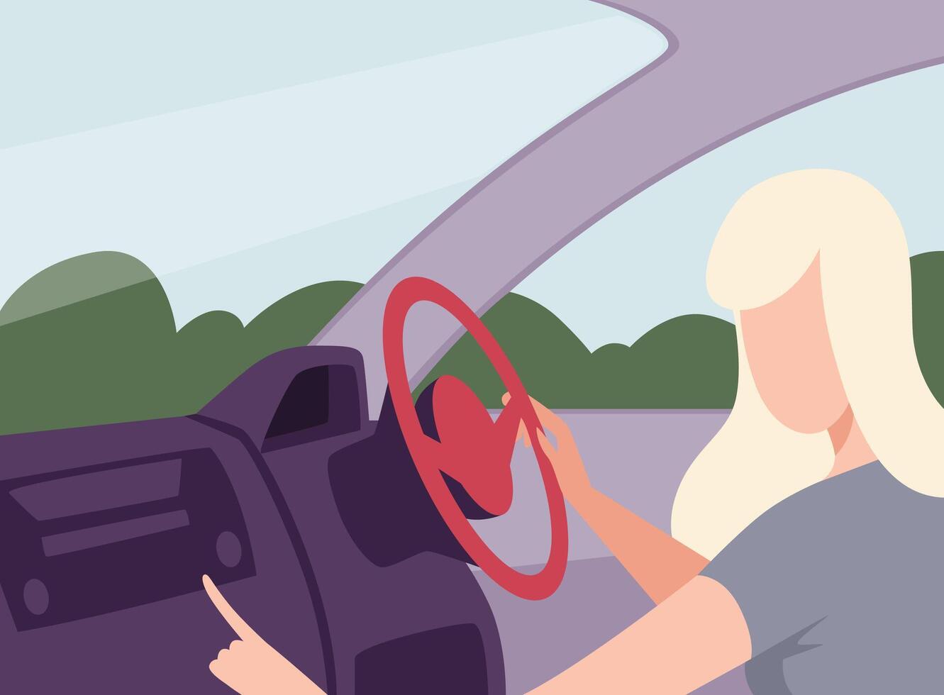 Blonde Woman Driving a Car, View from the Inside, Girl Driver Character Holding Hands on a Steering Wheel Illustration vector
