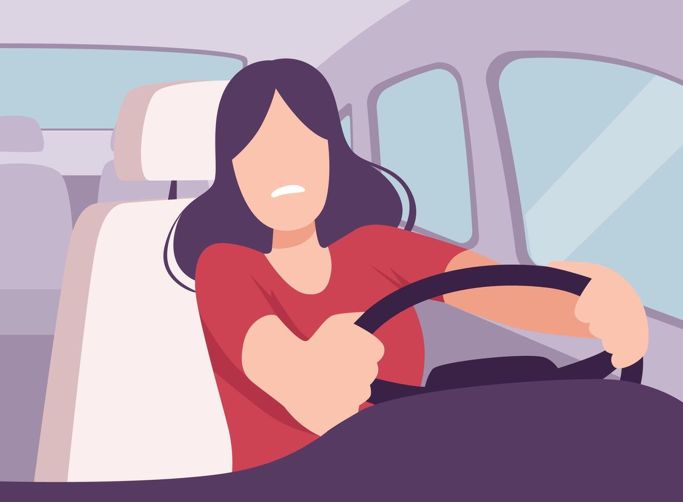 Scared Young Woman Driving a Car, View from the Inside, Female Driver Character Holding Hands on a Steering Wheel Illustration vector