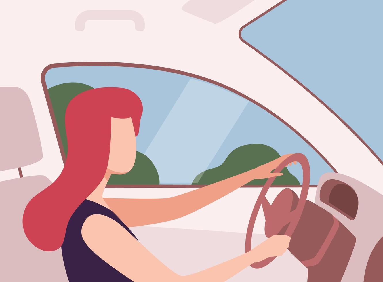 Young Woman Driving a Car, View from the Inside, Female Driver Character Holding Hands on a Steering Wheel Illustration vector