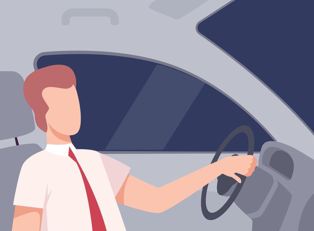 Businessman Driving a Car, Side View from the Inside, Male Driver Character Holding Hands on a Steering Wheel Illustration vector