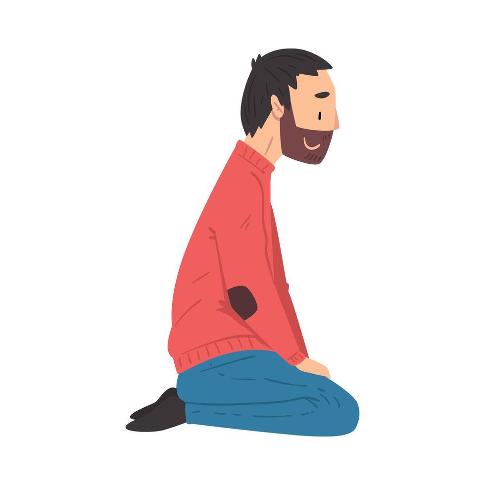 Bearded Young Man Wearing Red Sweater Kneeling, Side View Illustration vector