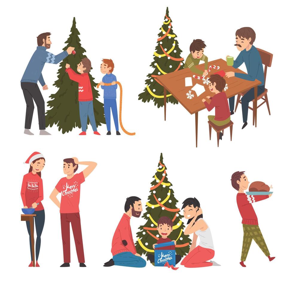 People Preparing and Celebrating Winter Holidays, Men, Women and Kids Decorating Christmas Tree and Cooking Delicious Dishes and Spending Good Time Together Illustration vector