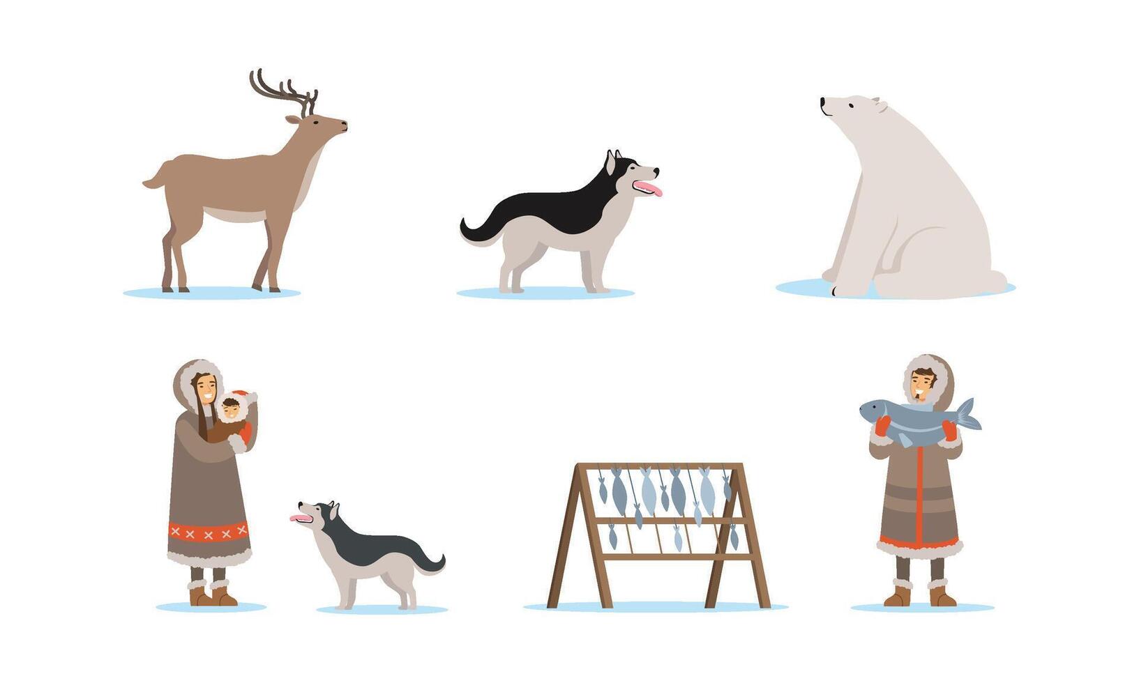 Wild North Arctic People and Animals Illustrations Set vector