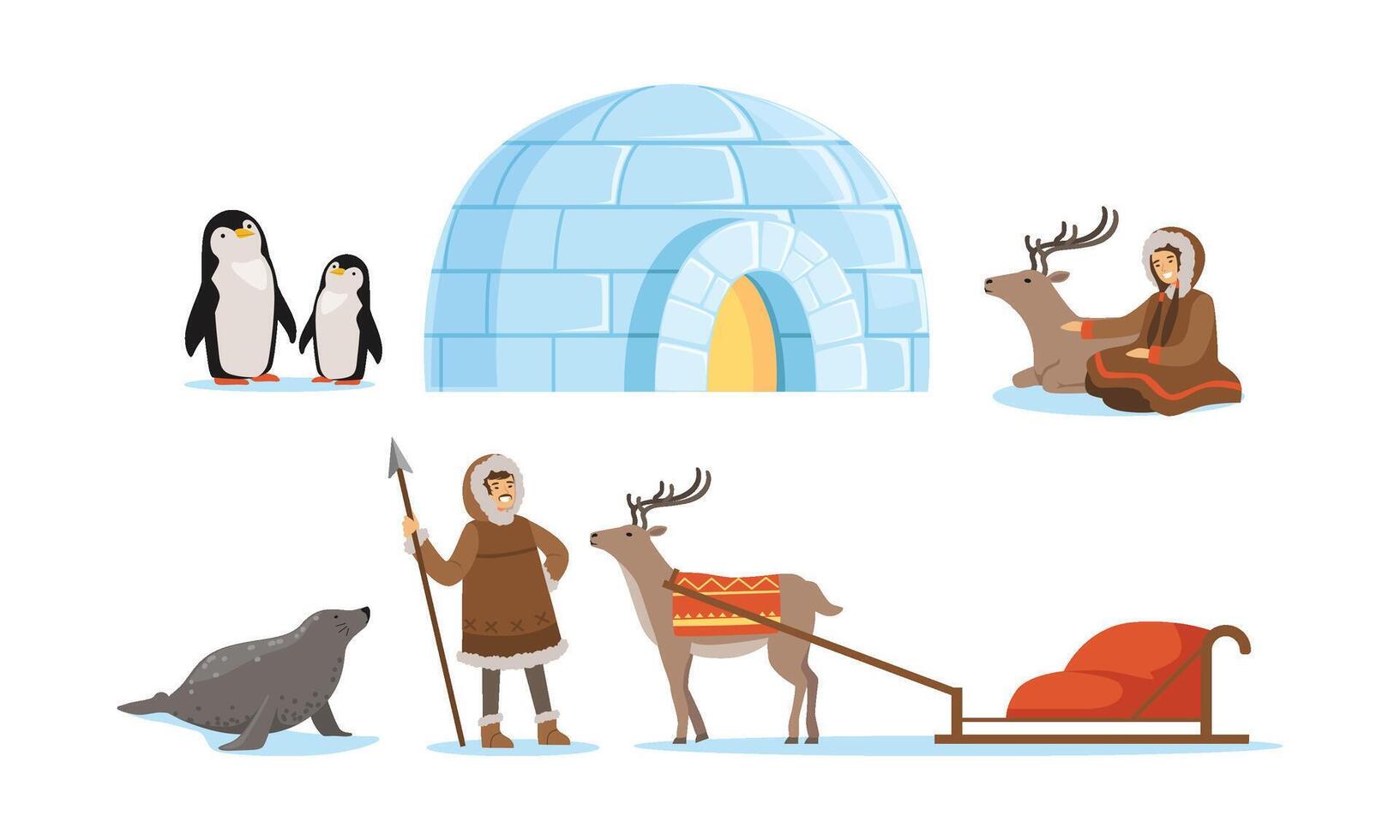 Wild North Arctic People and Animals Illustrations Set vector