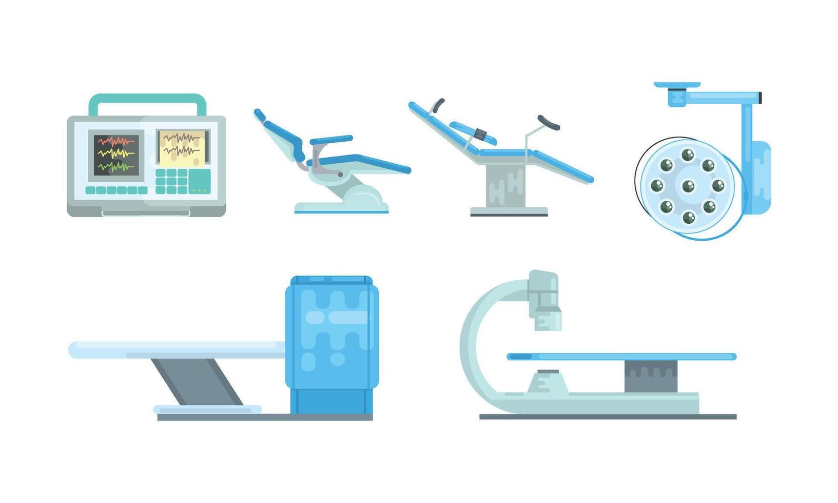 Medical Surgery and Examination Rooms Equipment with Scanner Monitor and Operating Table Set vector