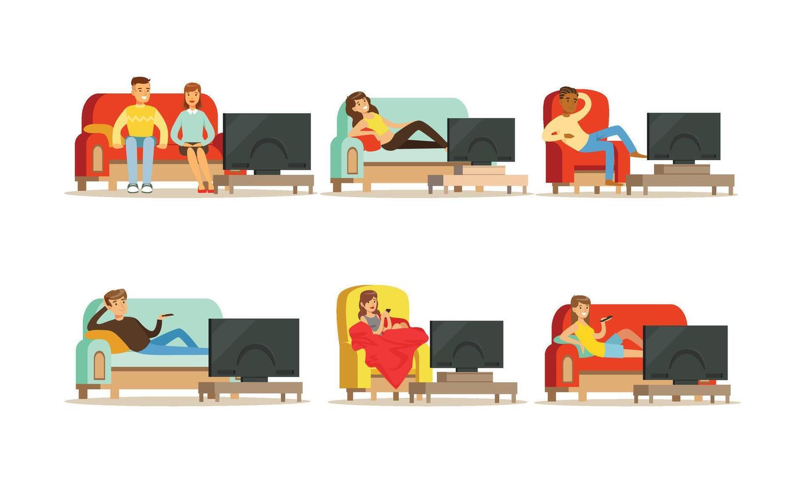 People Characters Sitting on Cozy Couch and Armchair and Watching TV Illustrations Set vector