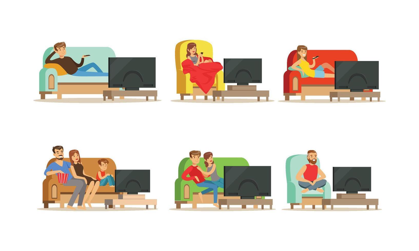 People Characters Sitting on Cozy Couch and Armchair and Watching TV Illustrations Set vector