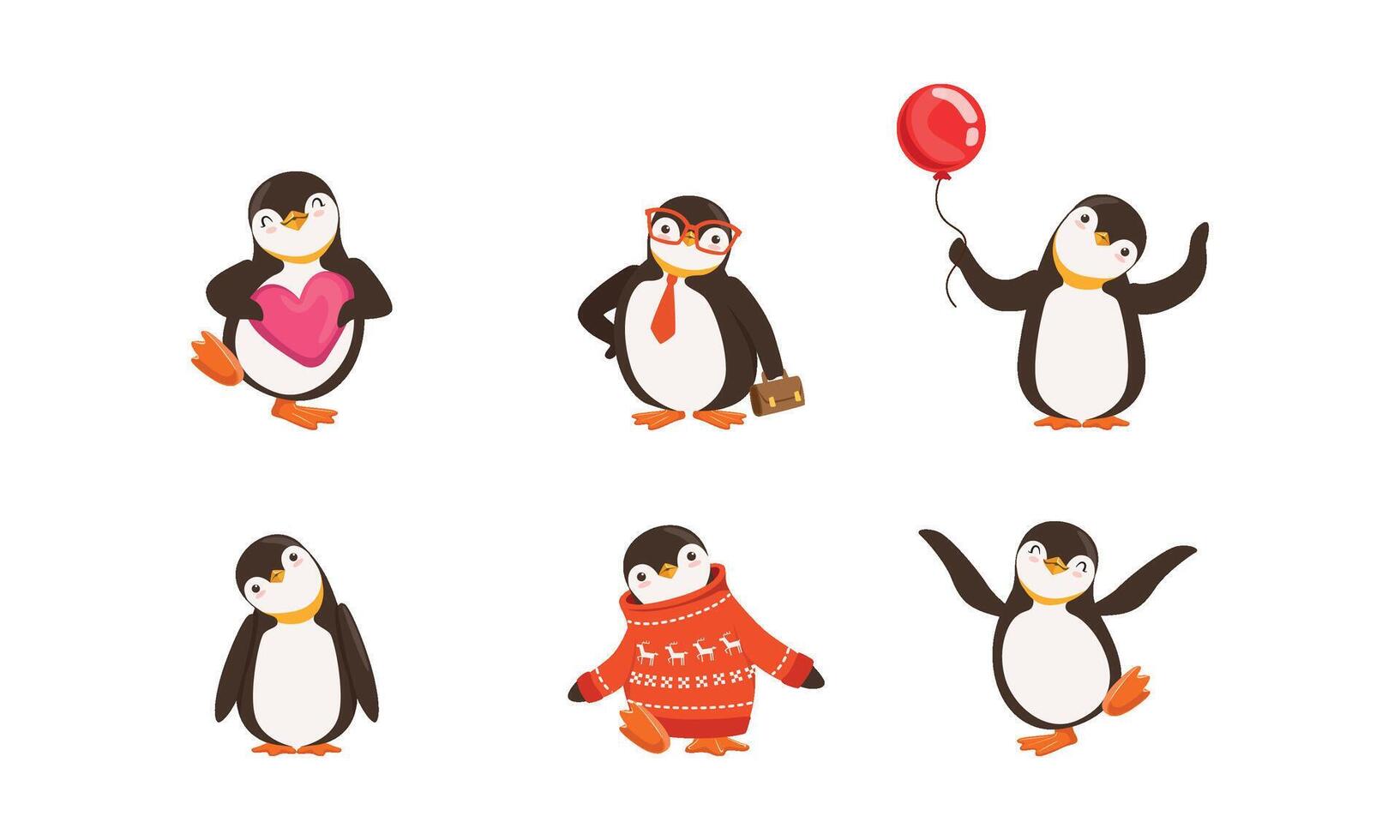 Cute Penguin Cartoon Characters Set. Arctic Creature Wearing Sweater vector