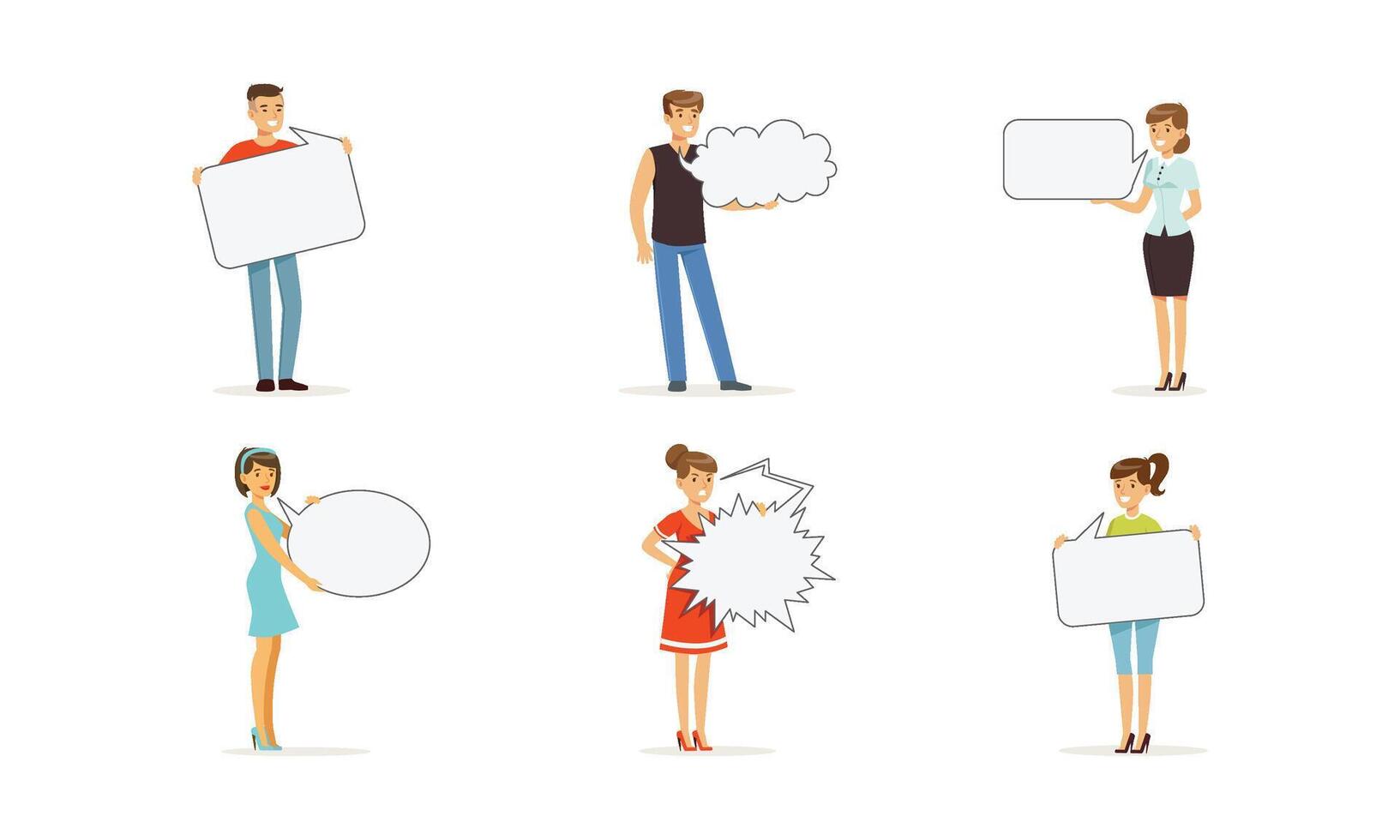 People Characters Standing and Holding Speech Bubbles Set vector