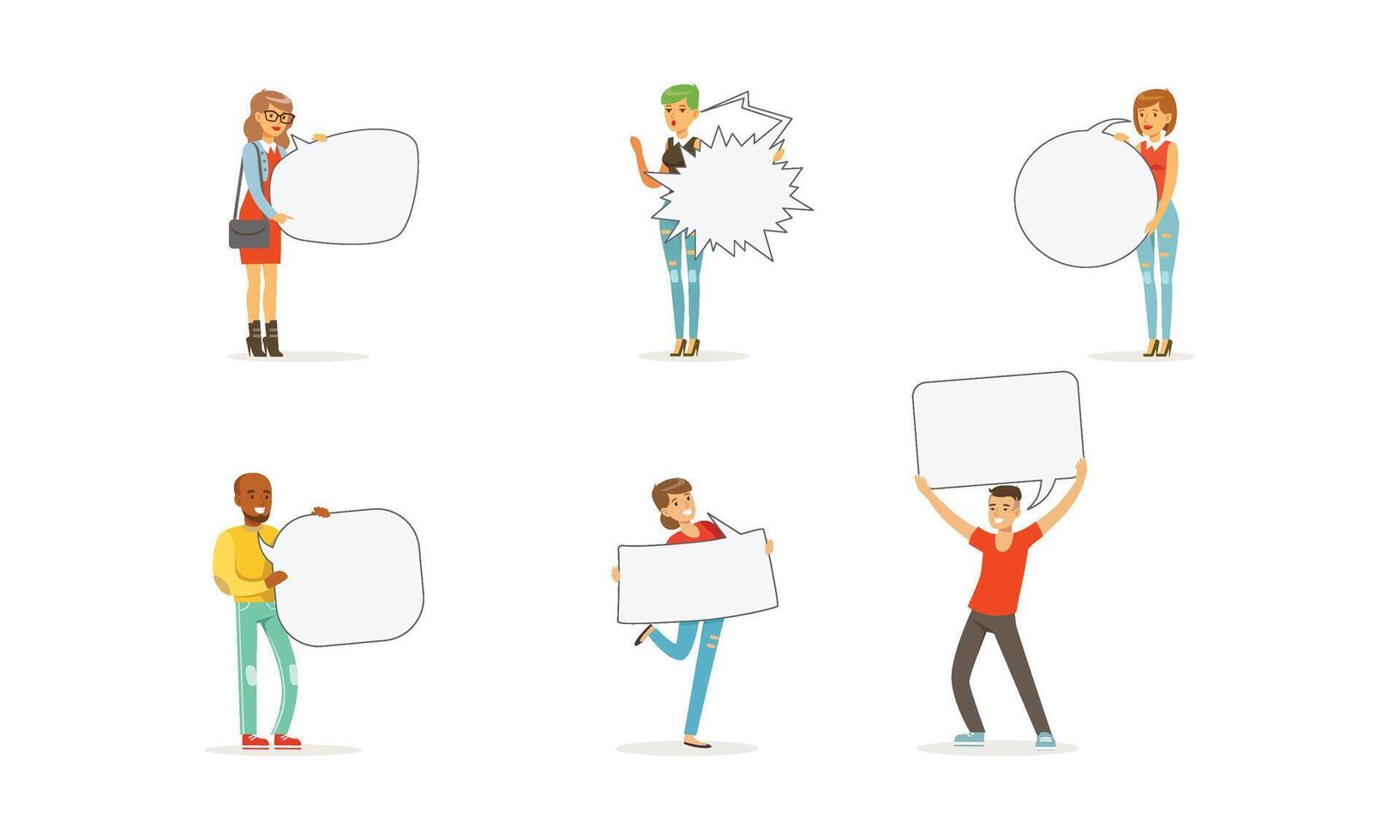 People Characters Standing and Holding Speech Bubbles Set vector