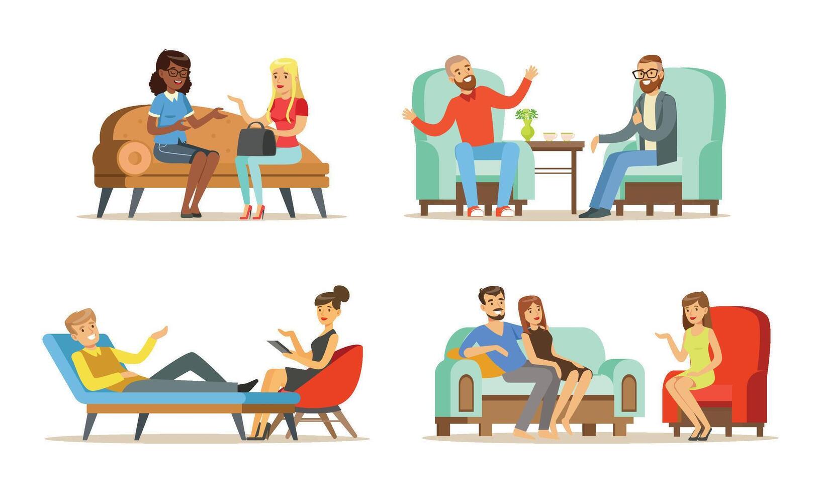 People Sitting and Lying on Couch Talking With Female Psychologist Sitting in front of Them Illustrations Set vector