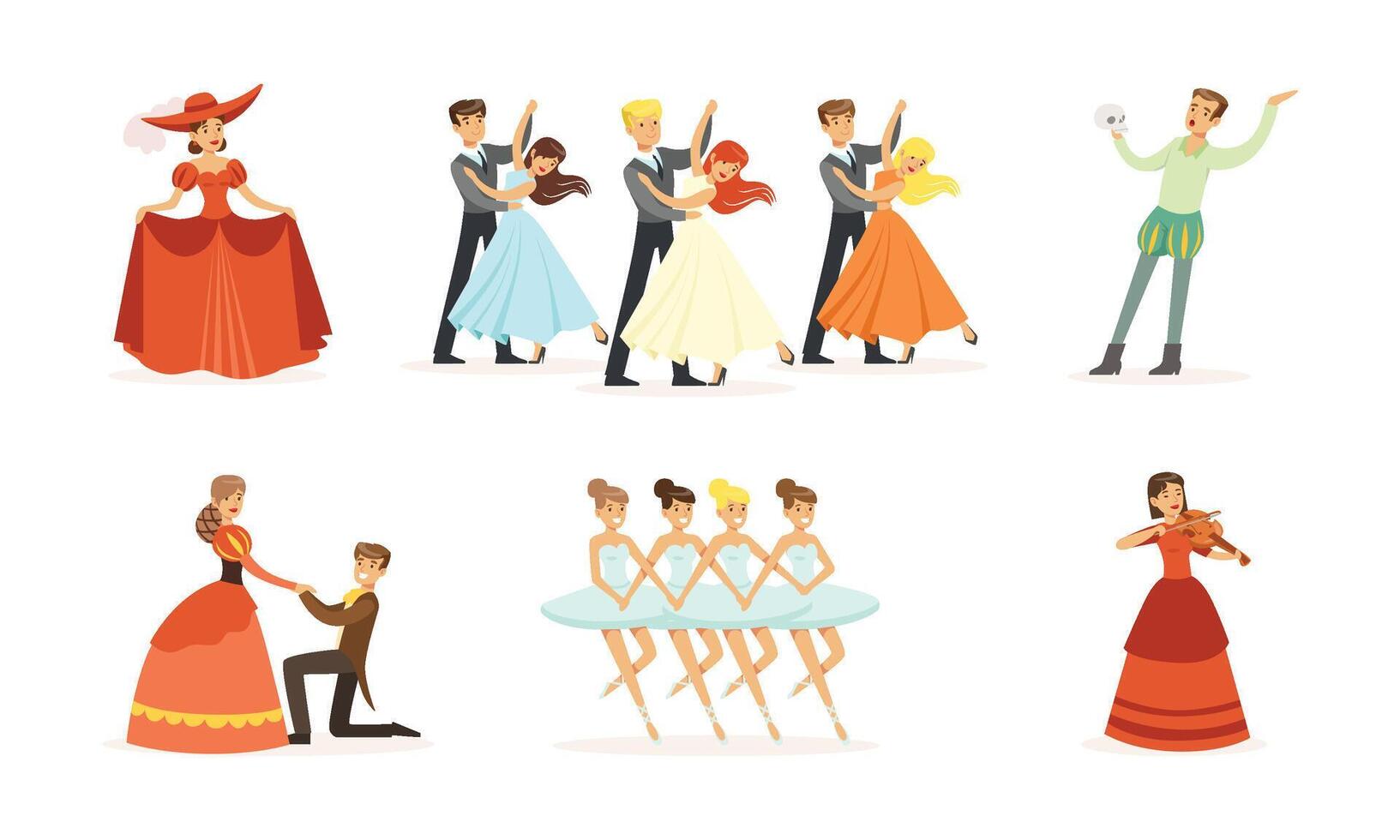 Performer Characters Playing Entertainment Performance on Theater Stage Illustrations Set vector