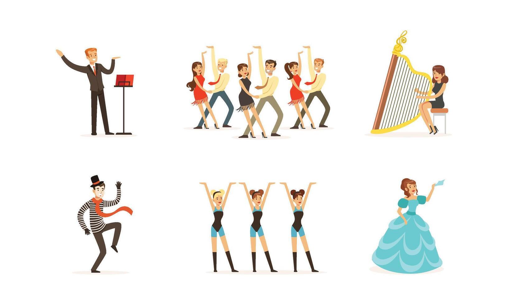 Performer Characters Playing Entertainment Performance on Theater Stage Illustrations Set vector