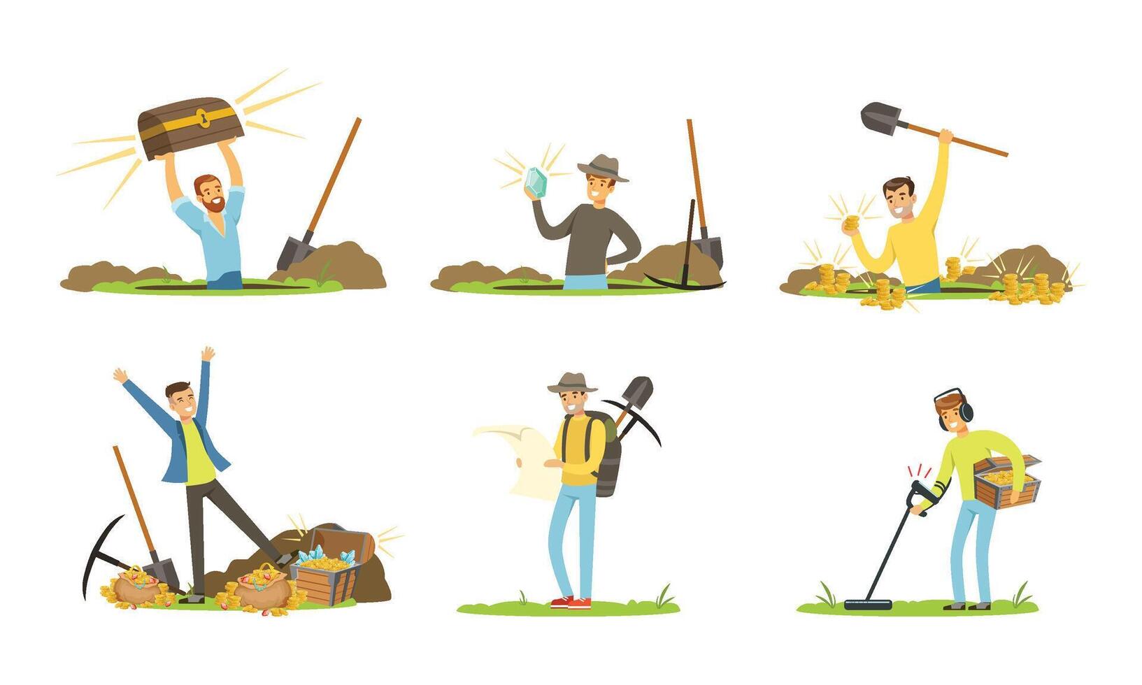 Treasure Hunter Holding Metal Sensor and Spade Looking For Gemstones Illustrations Set vector