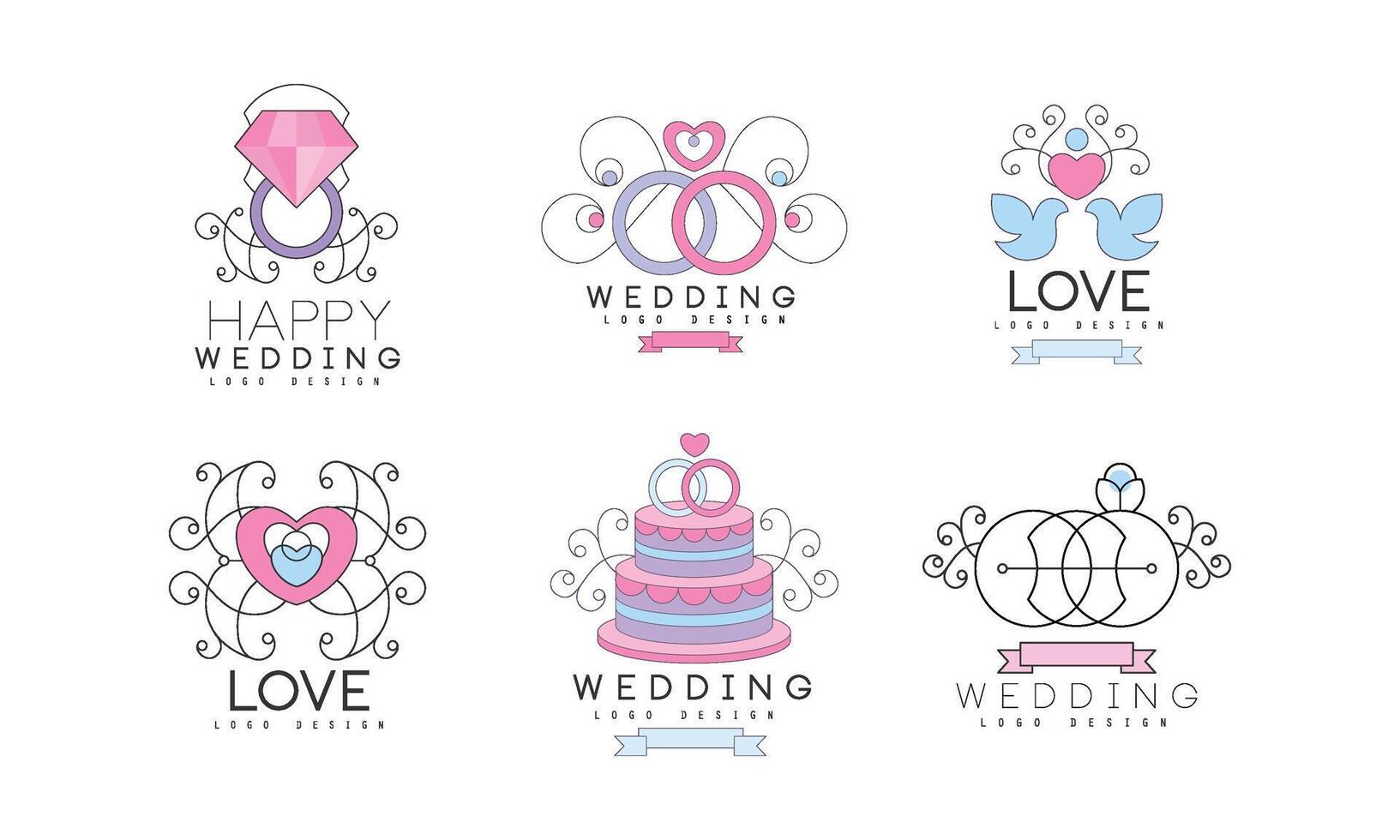 Wedding Floral Decorative Logo Design with Swirling Elements Set vector